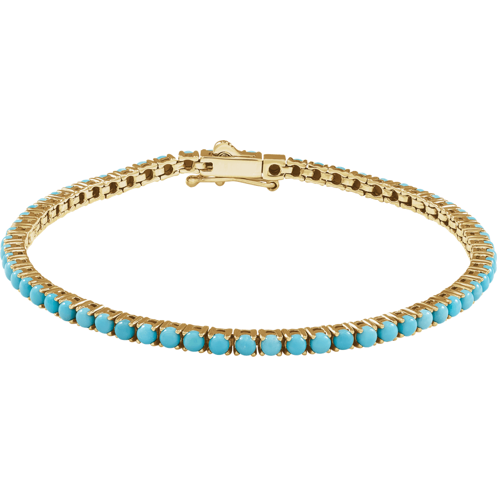 14K yellow gold bracelet featuring 64 round-cut natural turquoise stones in a 7.5-inch design.