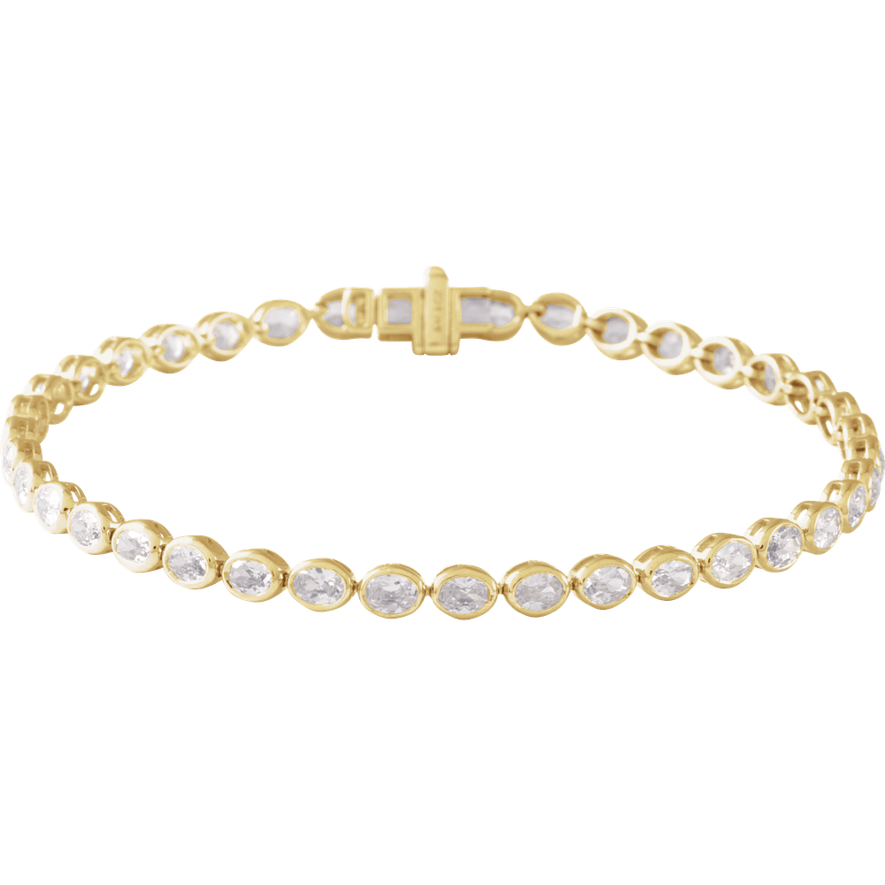 14K yellow gold tennis bracelet featuring 38 oval-cut lab-grown diamonds on a white background.