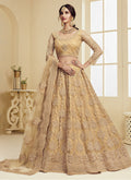 Elegant beige net lehenga with intricate embroidery and matching dupatta for wedding events