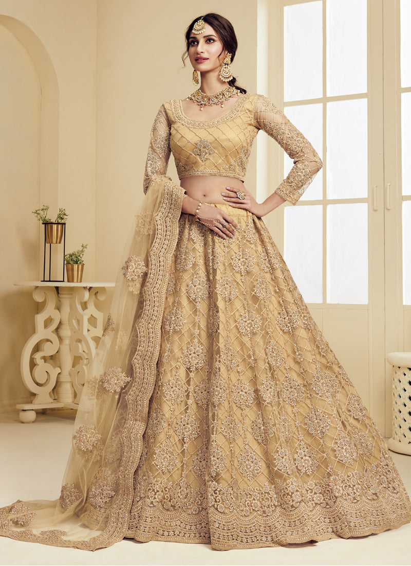 Elegant beige net lehenga with intricate embroidery and matching dupatta for wedding events