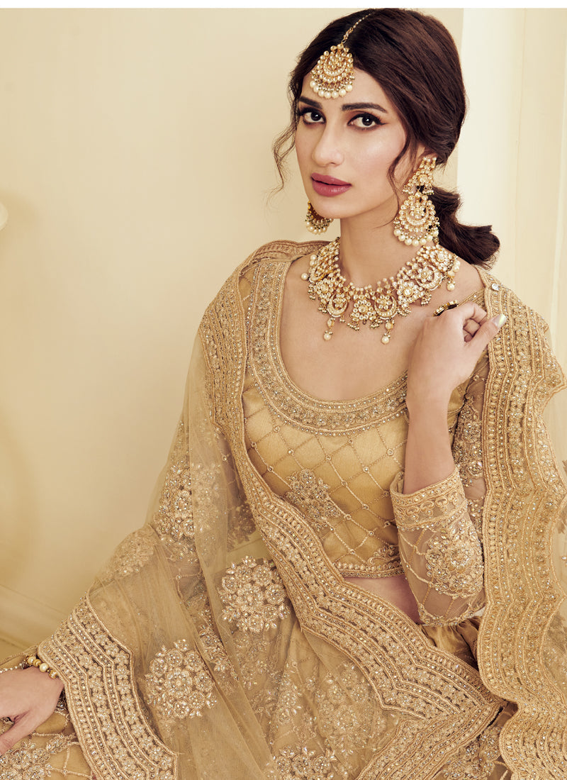 Beige Net Embroidered Wedding Lehenga with Choli and Dupatta