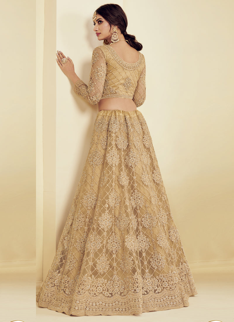Beige Net Embroidered Wedding Lehenga with Choli and Dupatta