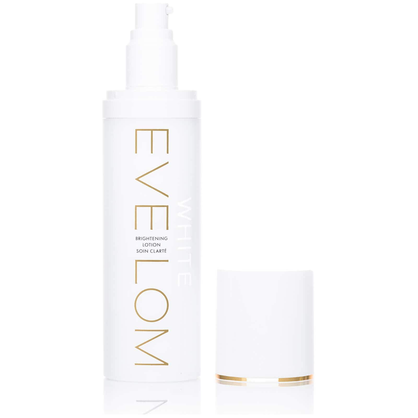 White and gold EVE LOM Brightening Lotion bottle for radiant skin