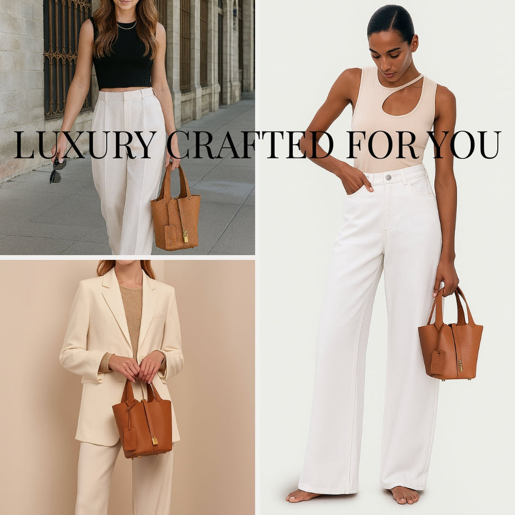 Leather Bucket Bag with Drawstring Pouch and Secure Lock Buckle