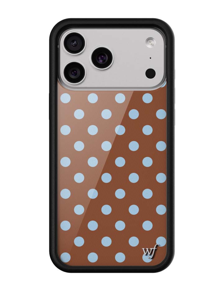 iPhone case with a brown background and light blue polka dot pattern with black bumper