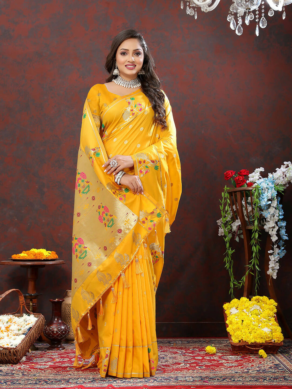 Gold Soft Paithani Silk Saree with Gold Zari Meenakari Weaving