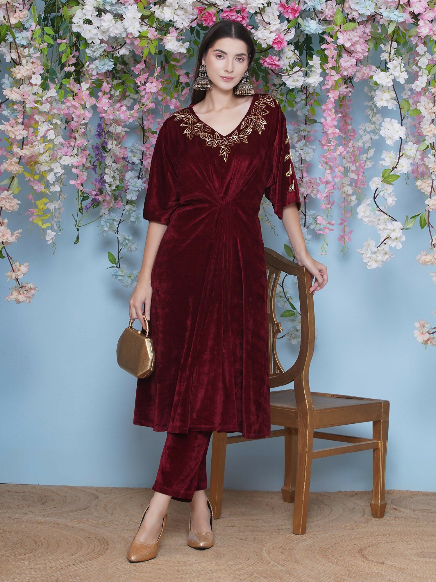 Maroon Velvet Hand Embellished Coord Set - 2 Piece Luxury Outfit
