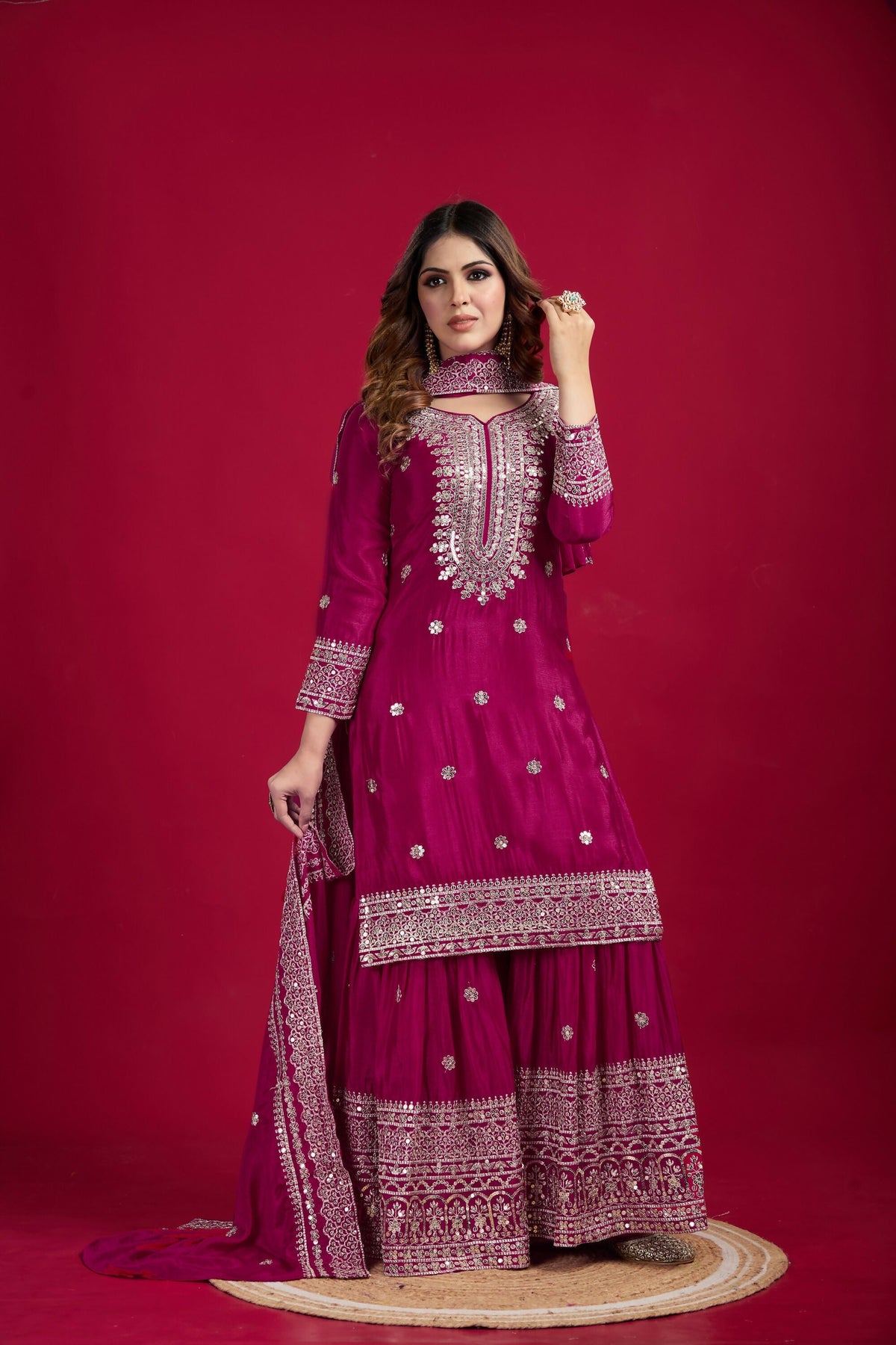 Rani Kurta Set in Silk with Sequins, Zari and Thread Embroidery
