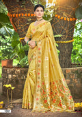 Yellow Assam silk saree featuring fine gold zari weaving and lace border detail