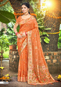 Orange Assam Silk wedding saree featuring zari weaving and detailed lace border
