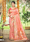 Peach Assam silk wedding saree with intricate zari border and lace detailing