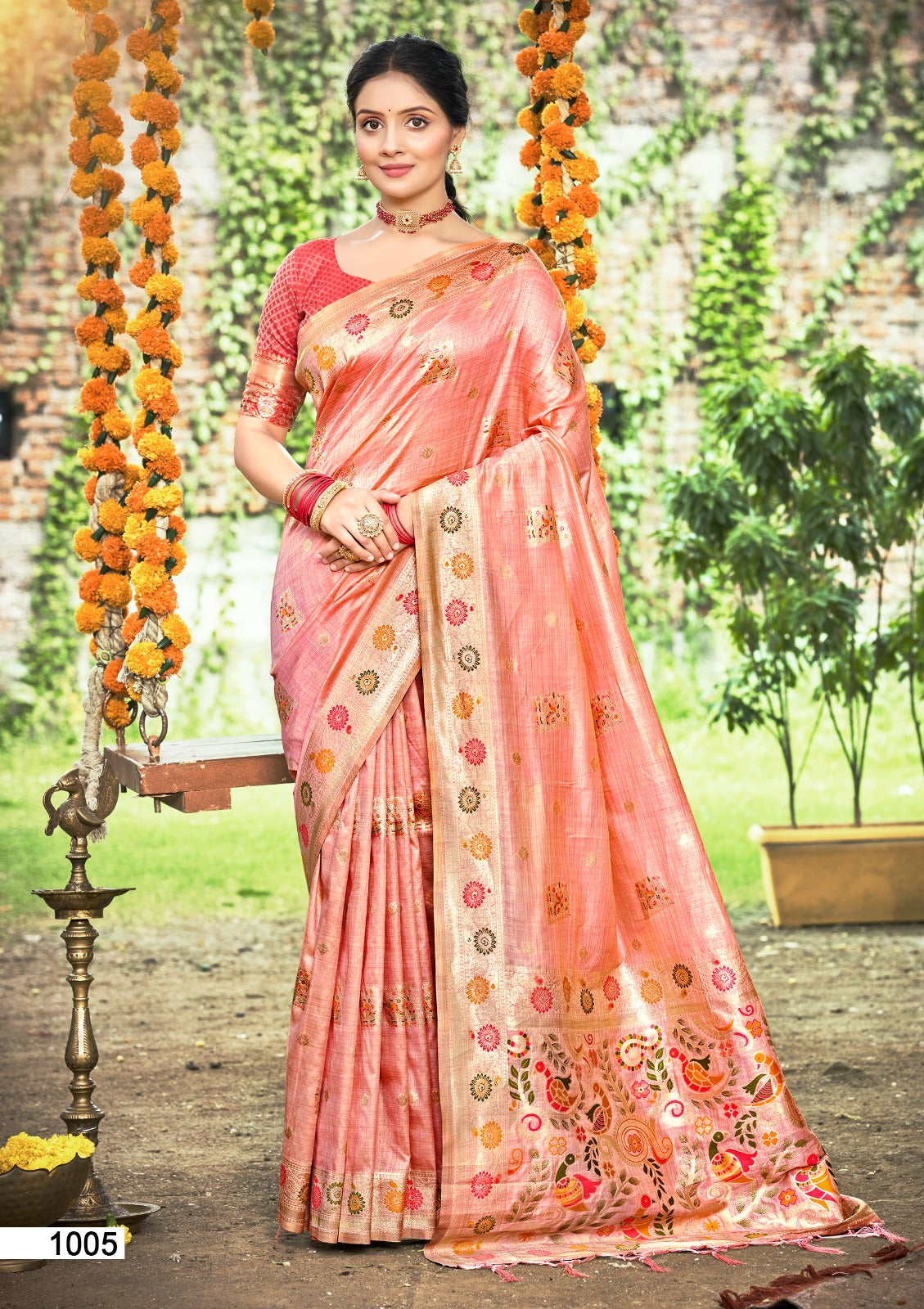 Peach Assam silk wedding saree with intricate zari border and lace detailing