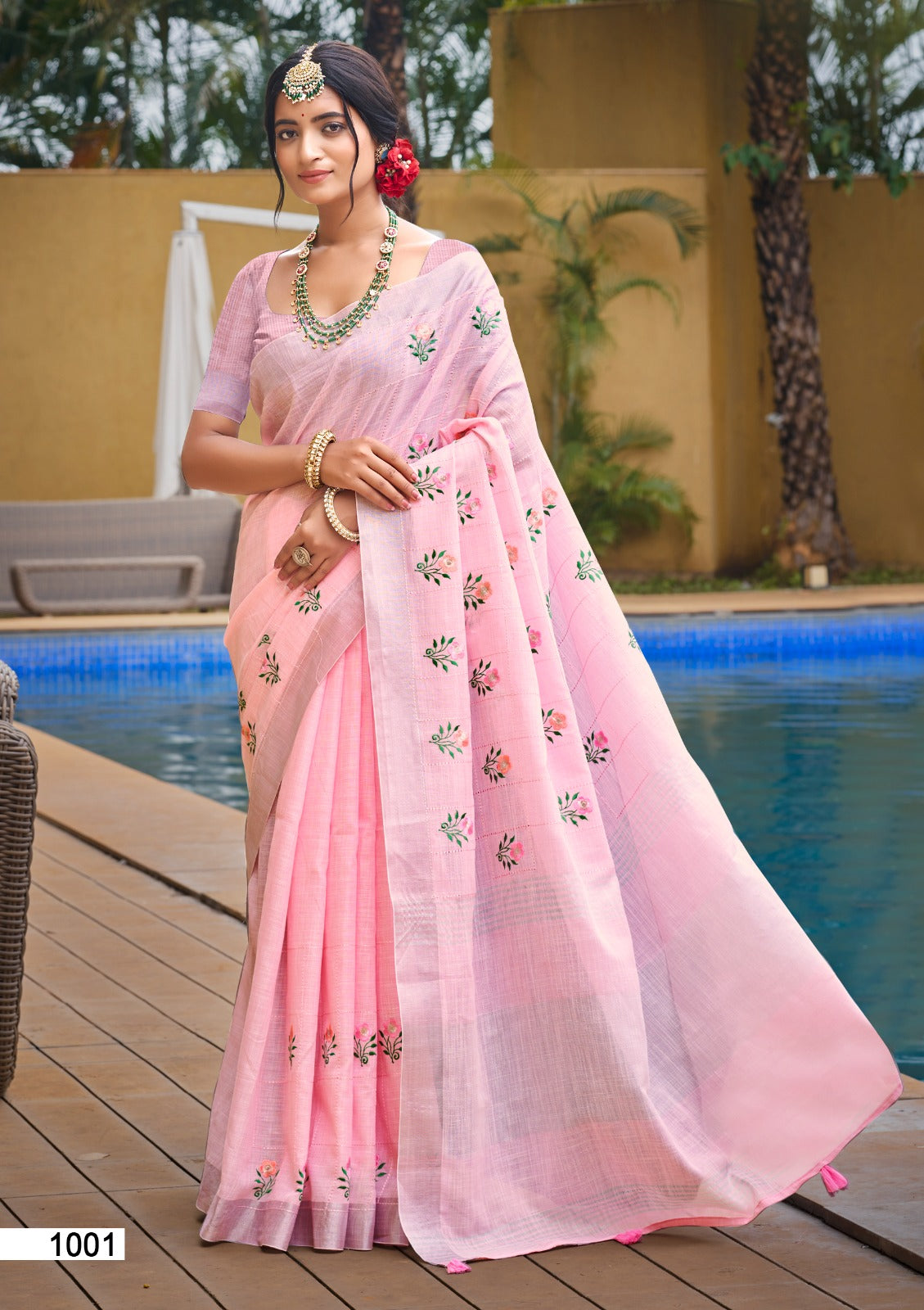 Baby pink linen cotton weaving saree with zari border for toddlers and babies