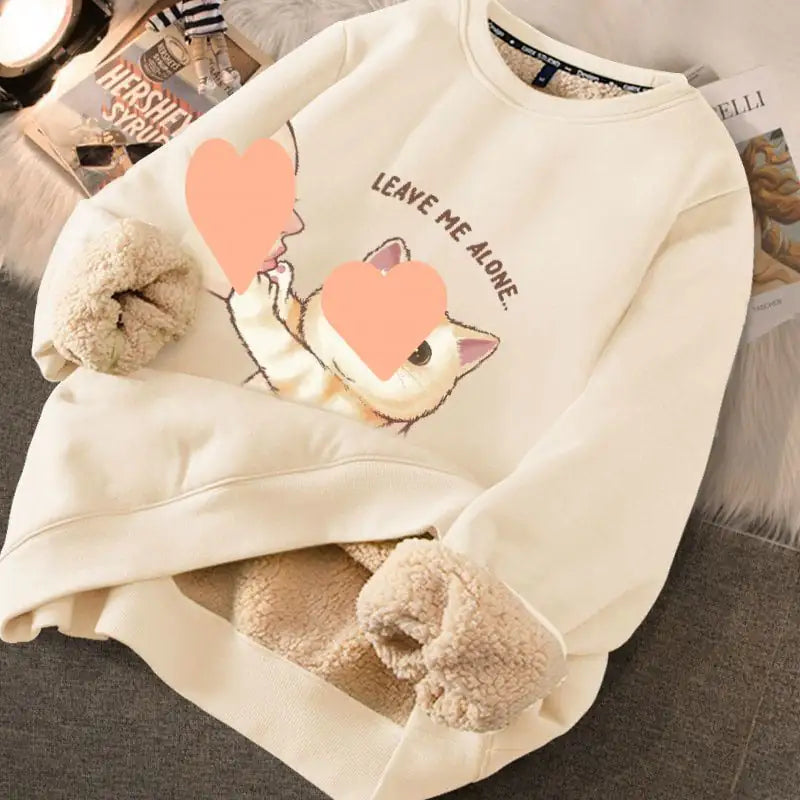 Women's Cream Fleece Lined Graphic Sweater with Cute Bear Print - Image 14