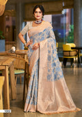 Sky blue cotton silk wedding saree with gold zari weaving border and lace detailing