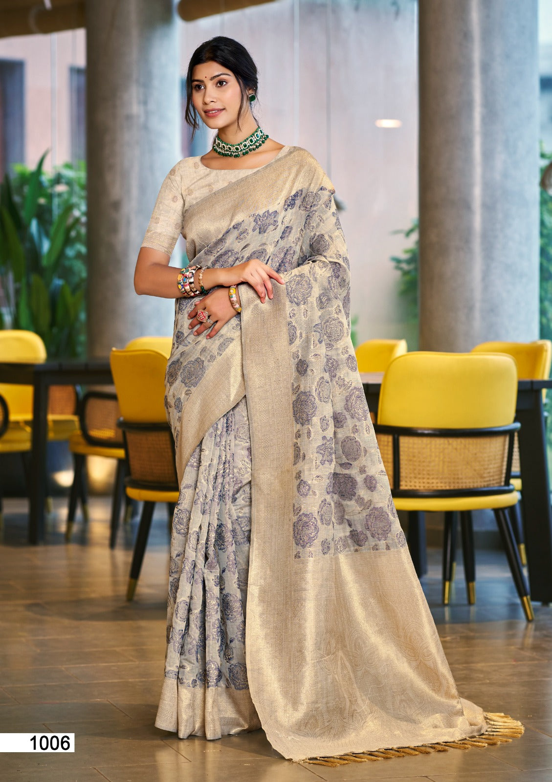 Light grey cotton silk wedding saree with intricate zari weaving border and detailed pallu