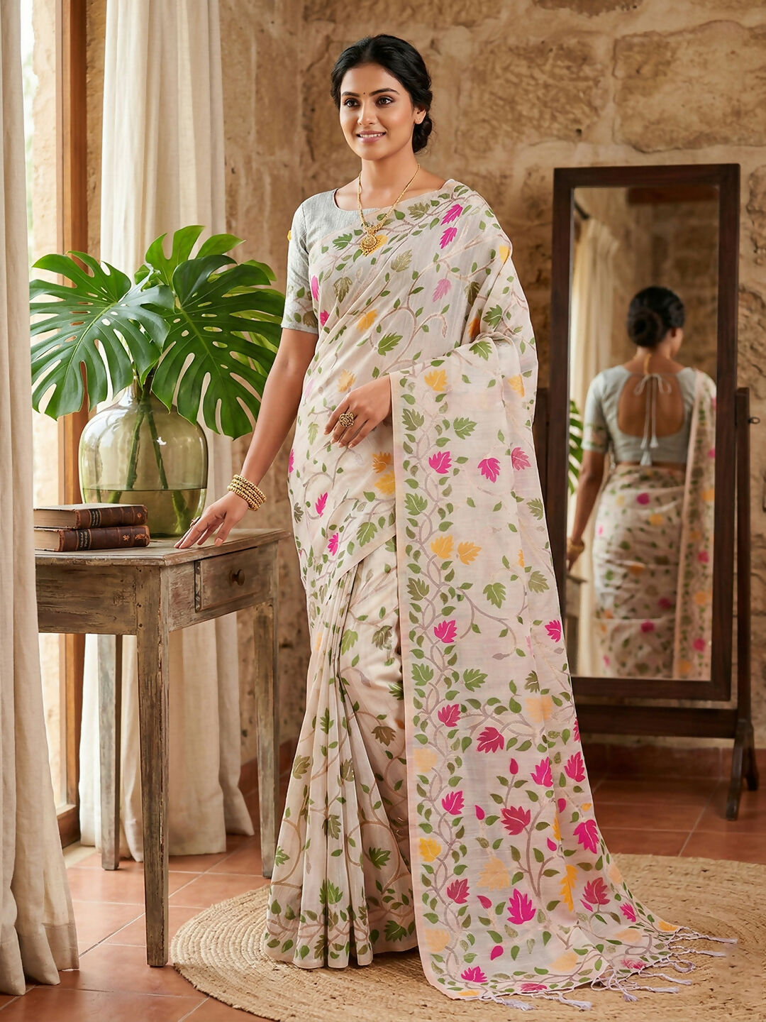 White Linen Cotton Saree with Matching Blouse Piece