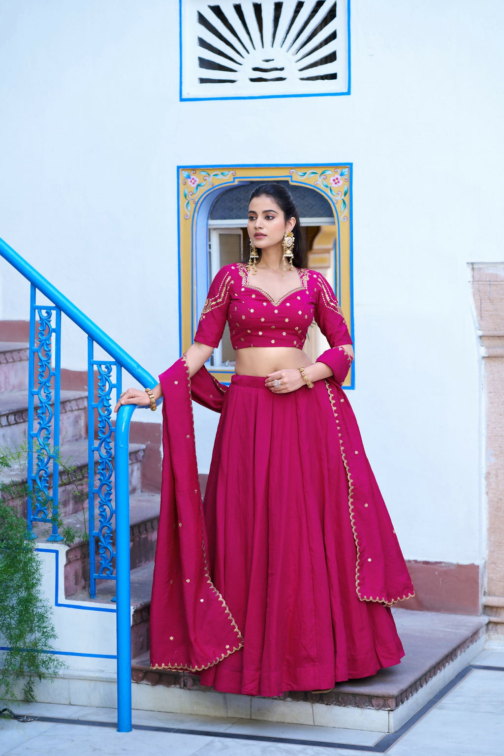Vibrant Ranipink NC silk lehenga with detailed embroidery work on the choli