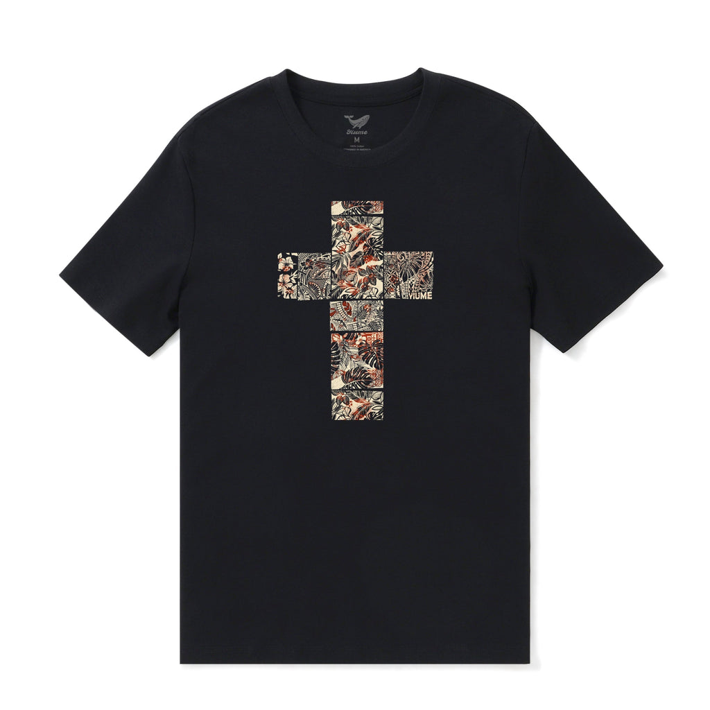 Men's Tropical Jungle Crew Neck Tee - Black Floral Cotton Shirt