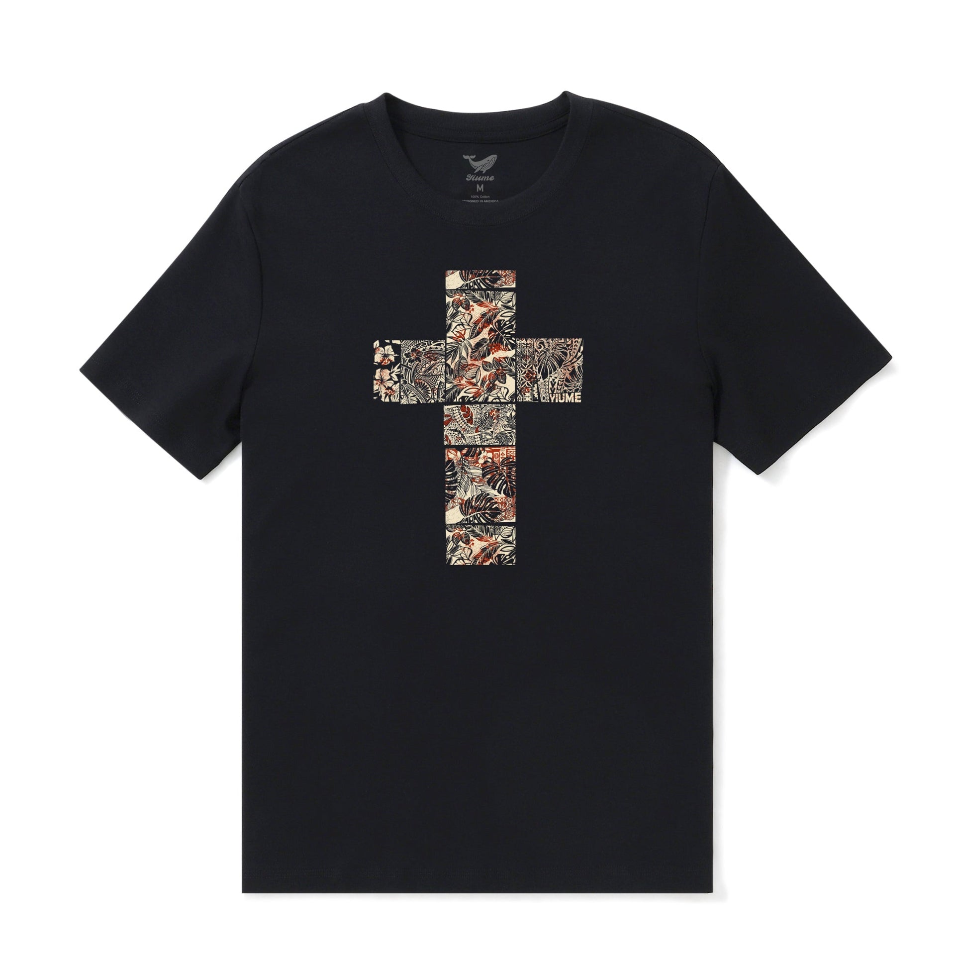 Men's Tropical Jungle Crew Neck Tee - Black Floral Cotton Shirt