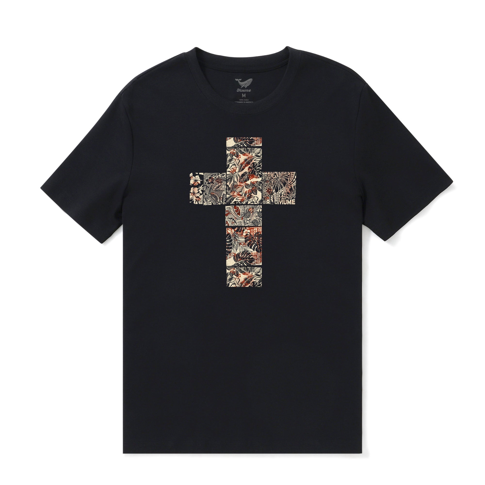 Men's Tropical Jungle Crew Neck Tee - Black Floral Cotton Shirt