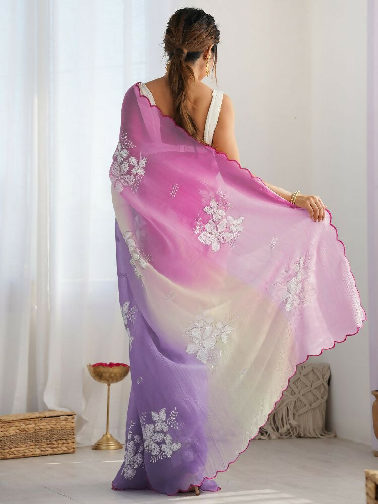 Pink Lavender Gold Crush Embroidery Saree with Roto Banglori Blouse