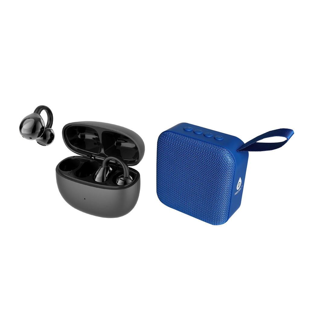 Pursonic wireless earbuds with charging case and blue portable Bluetooth speaker