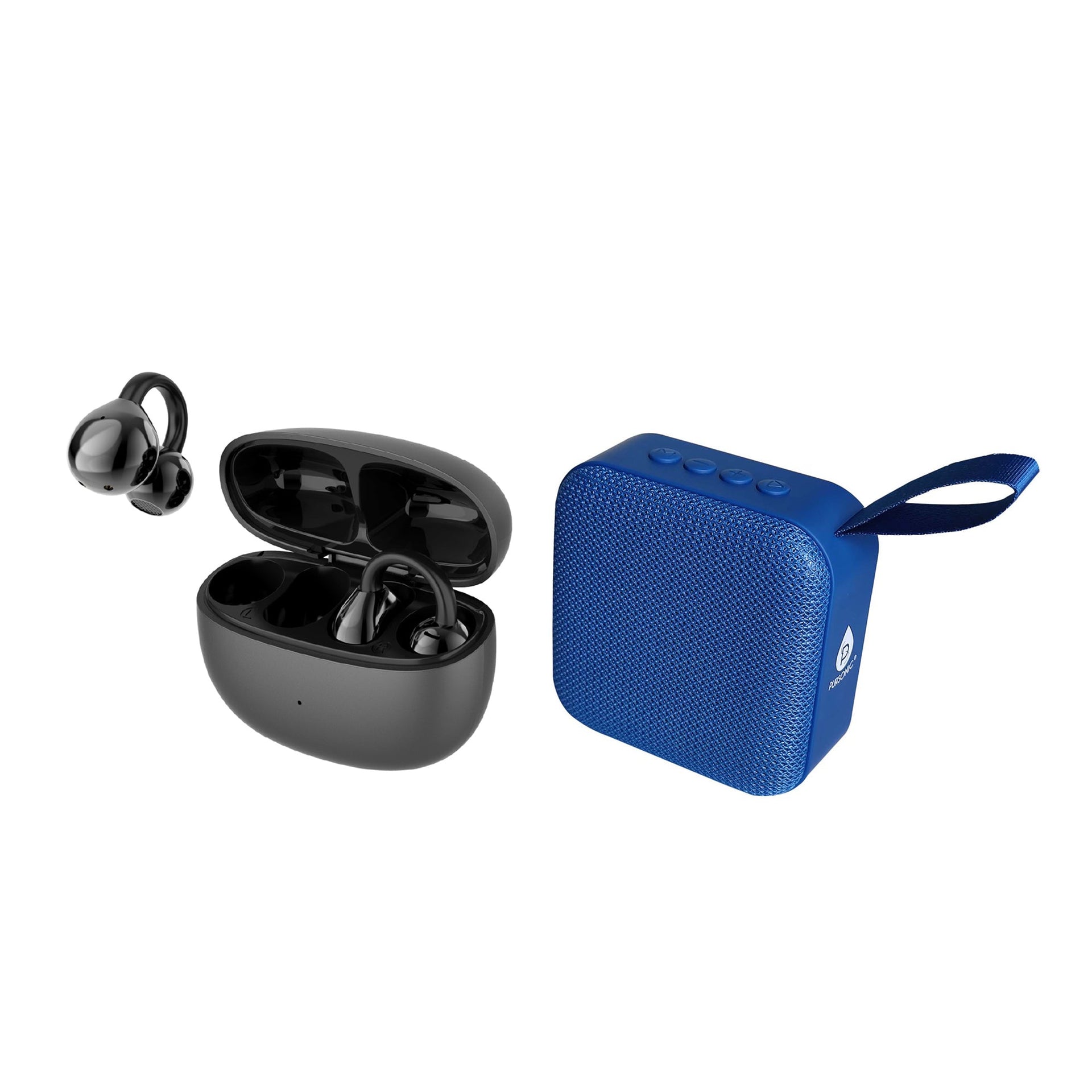 Pursonic wireless earbuds with charging case and blue portable Bluetooth speaker