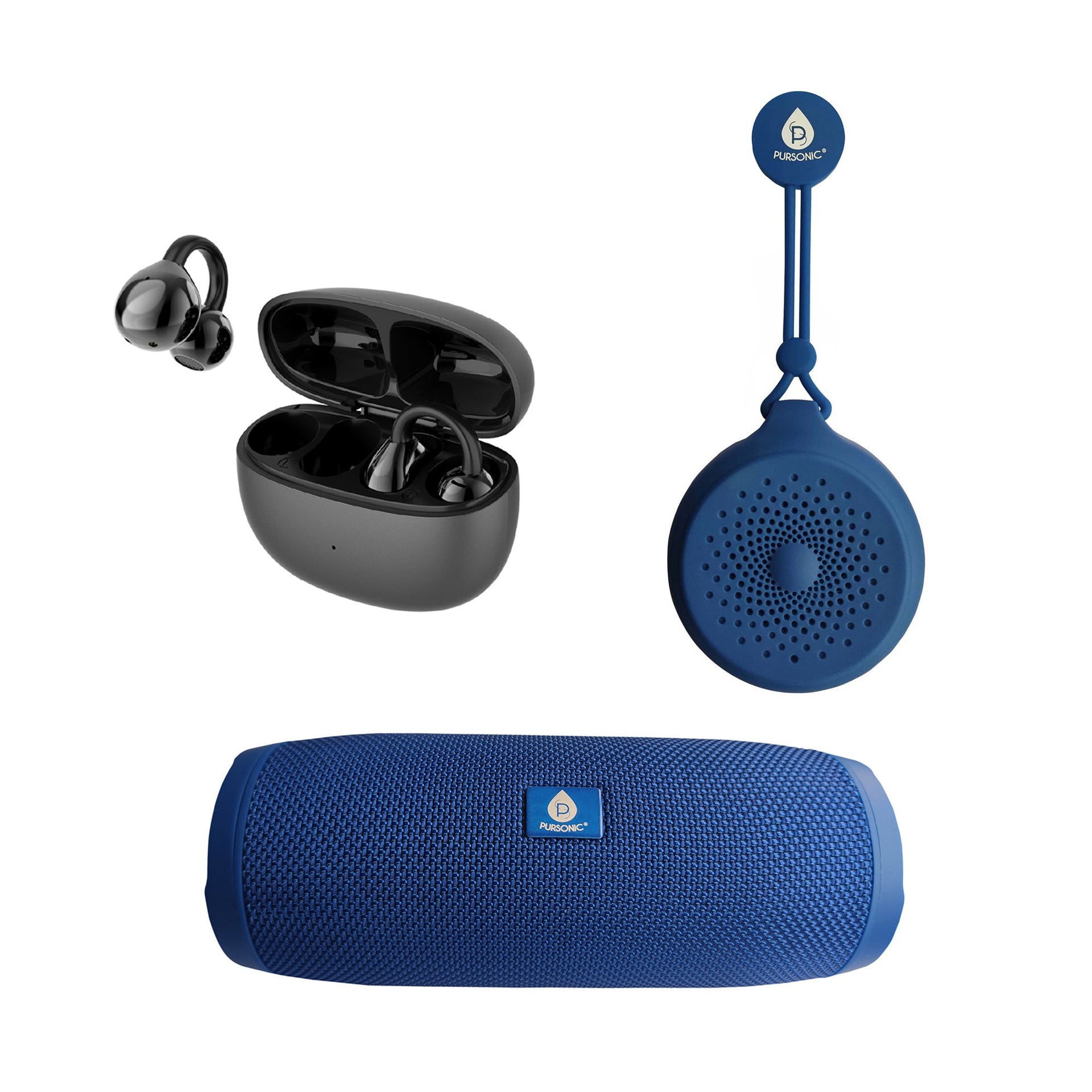 Pursonic Total Audio Freedom Collection featuring wireless earbuds and two portable speakers