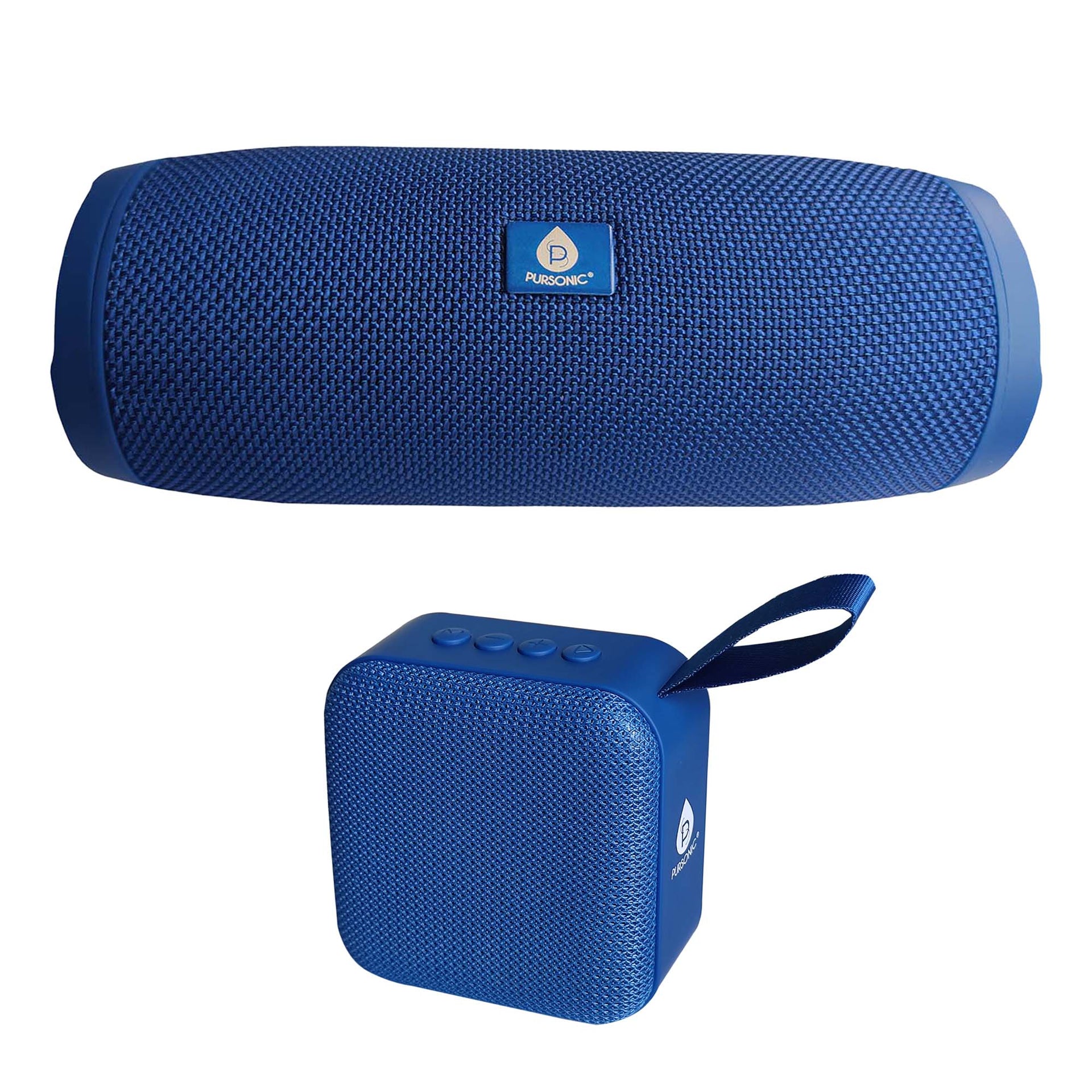 Pursonic Wireless Sound Duo bundle in blue, including one cylindrical speaker and one square portable speaker