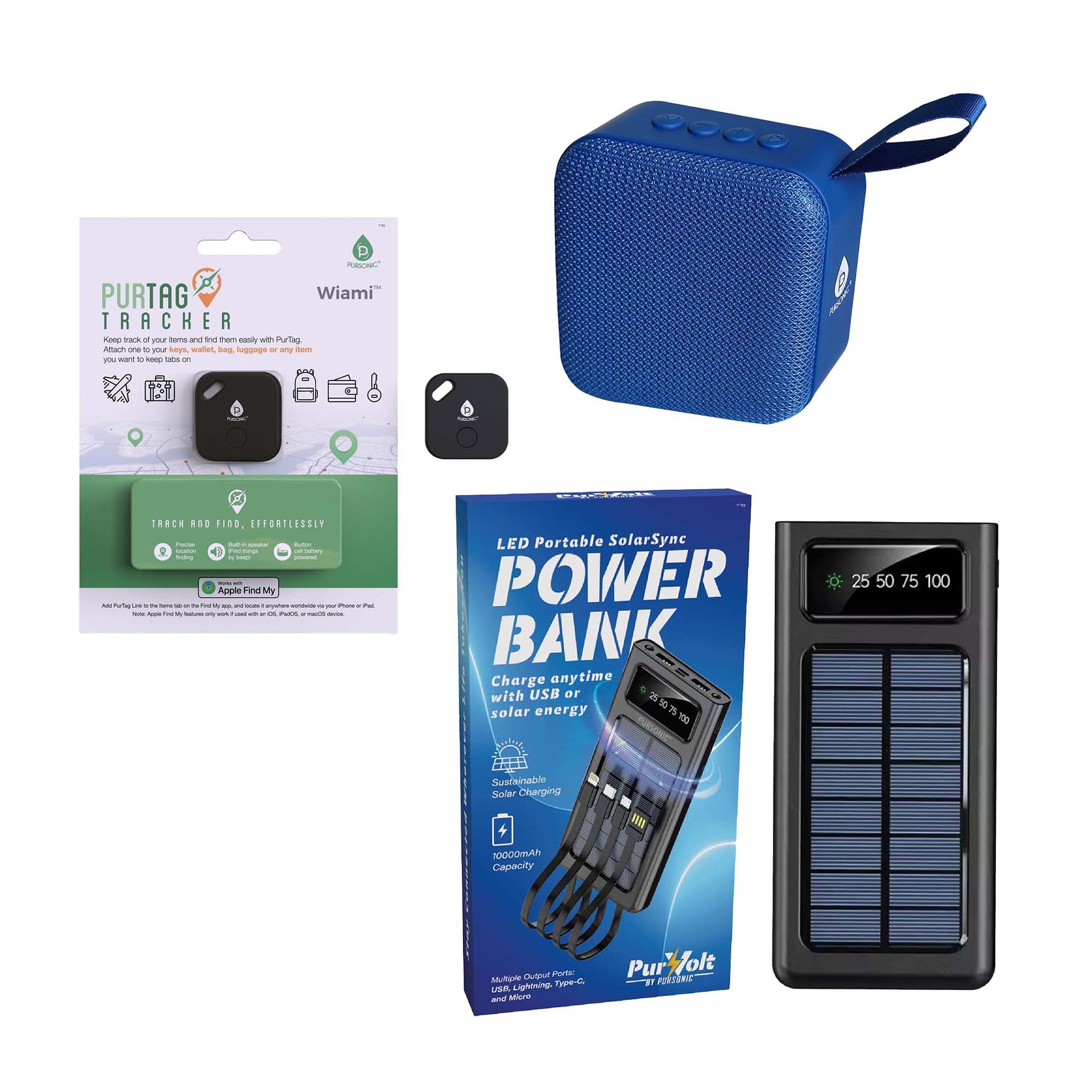 Pursonic tech bundle including a blue wireless speaker, 10000mAh solar power bank, and a Purtag item tracker.