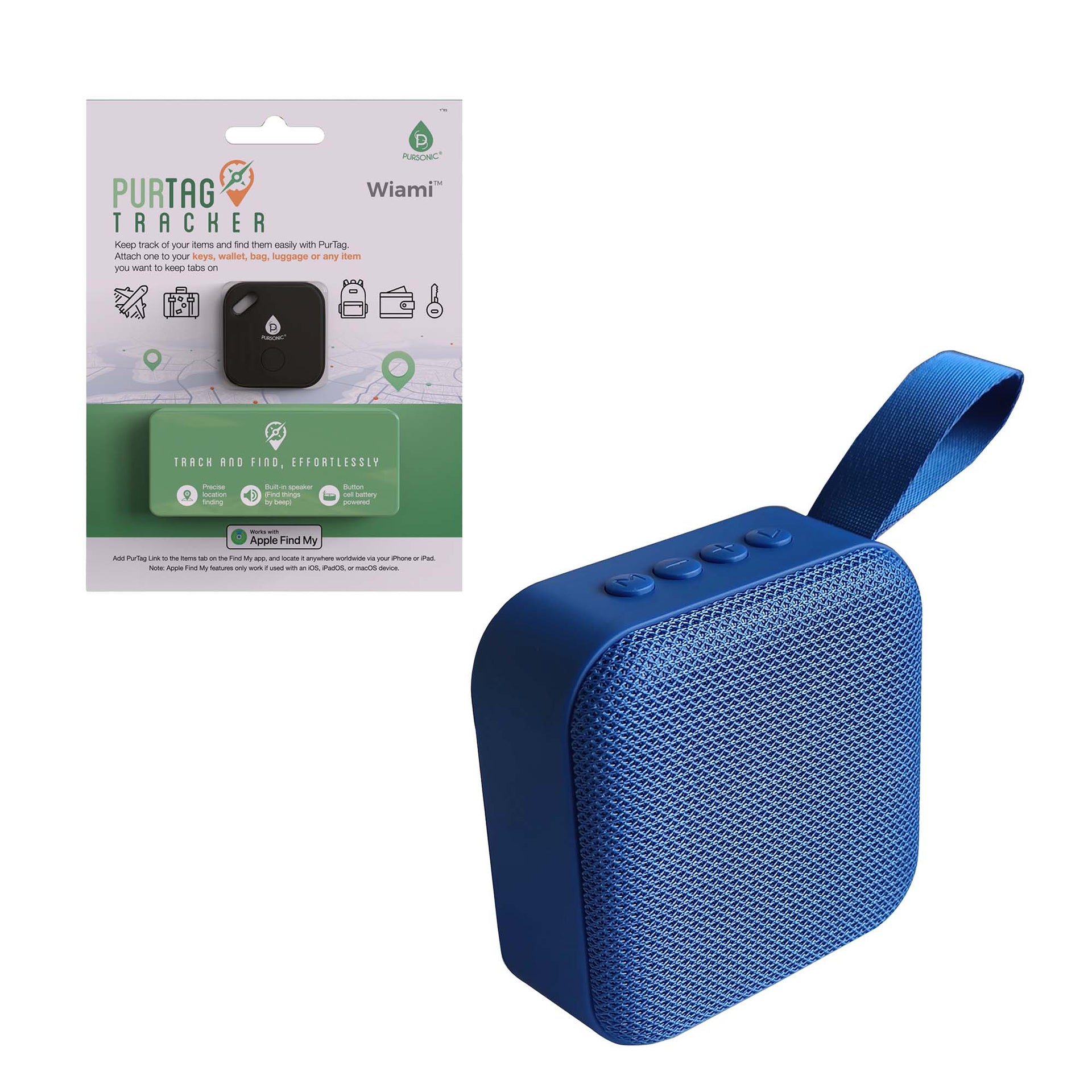 Blue wireless portable speaker with carrying strap next to a PurTag smart item tracker in its retail packaging.