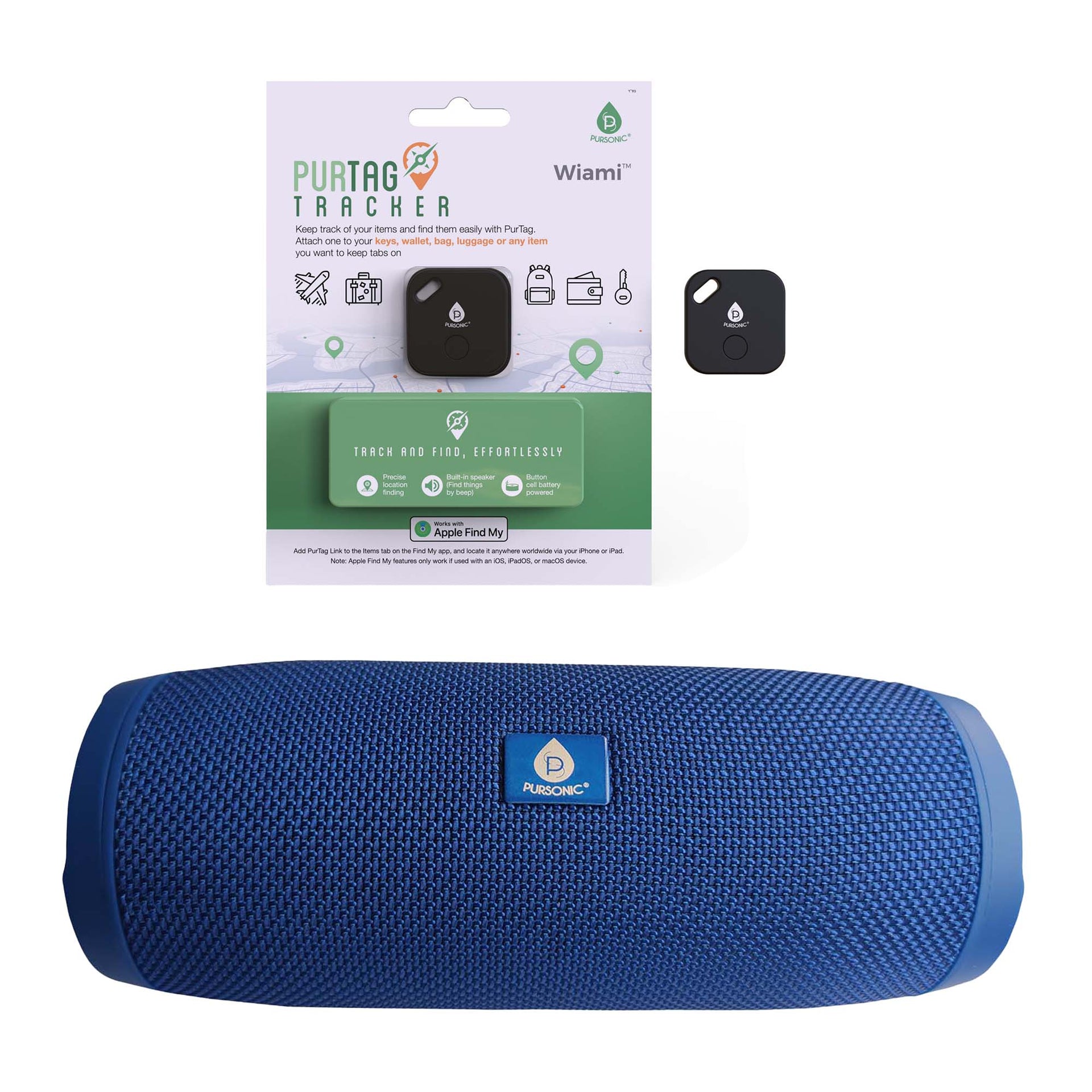 Blue wireless portable speaker next to a PurTag smart tracker packaging on a white background