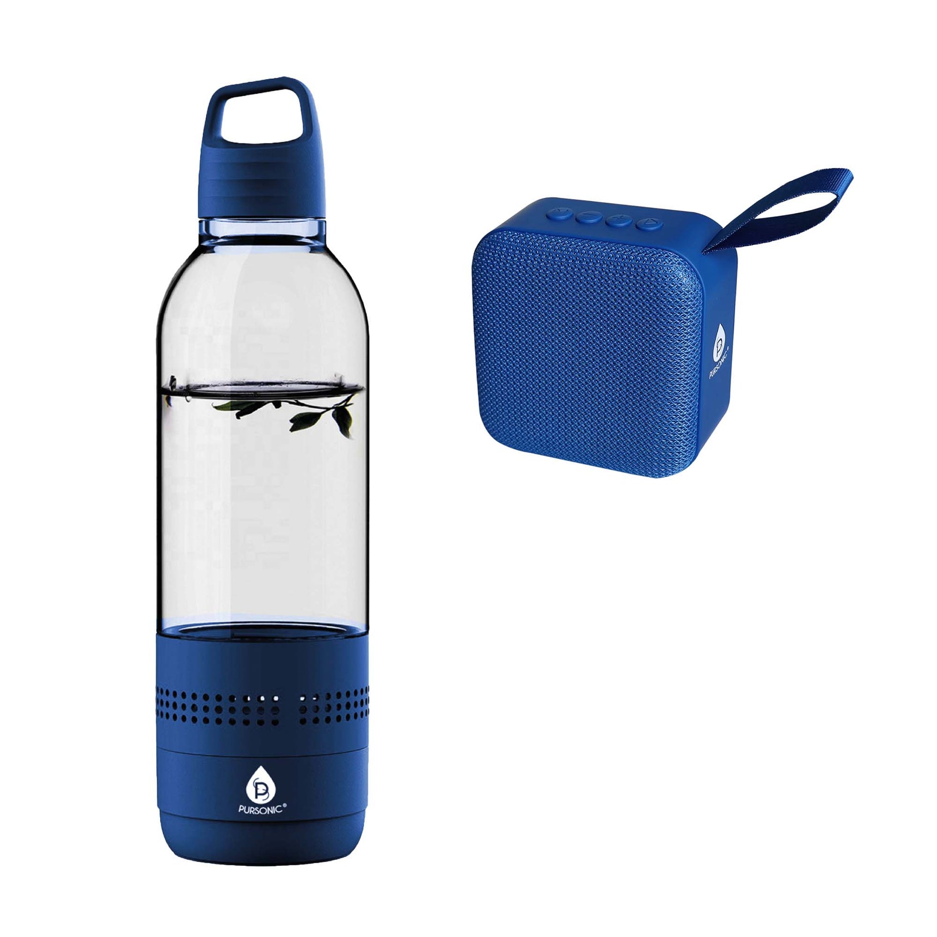 Pursonic wireless hydration and sound bundle featuring a blue water bottle with speaker base and a separate square portable bluetooth speaker