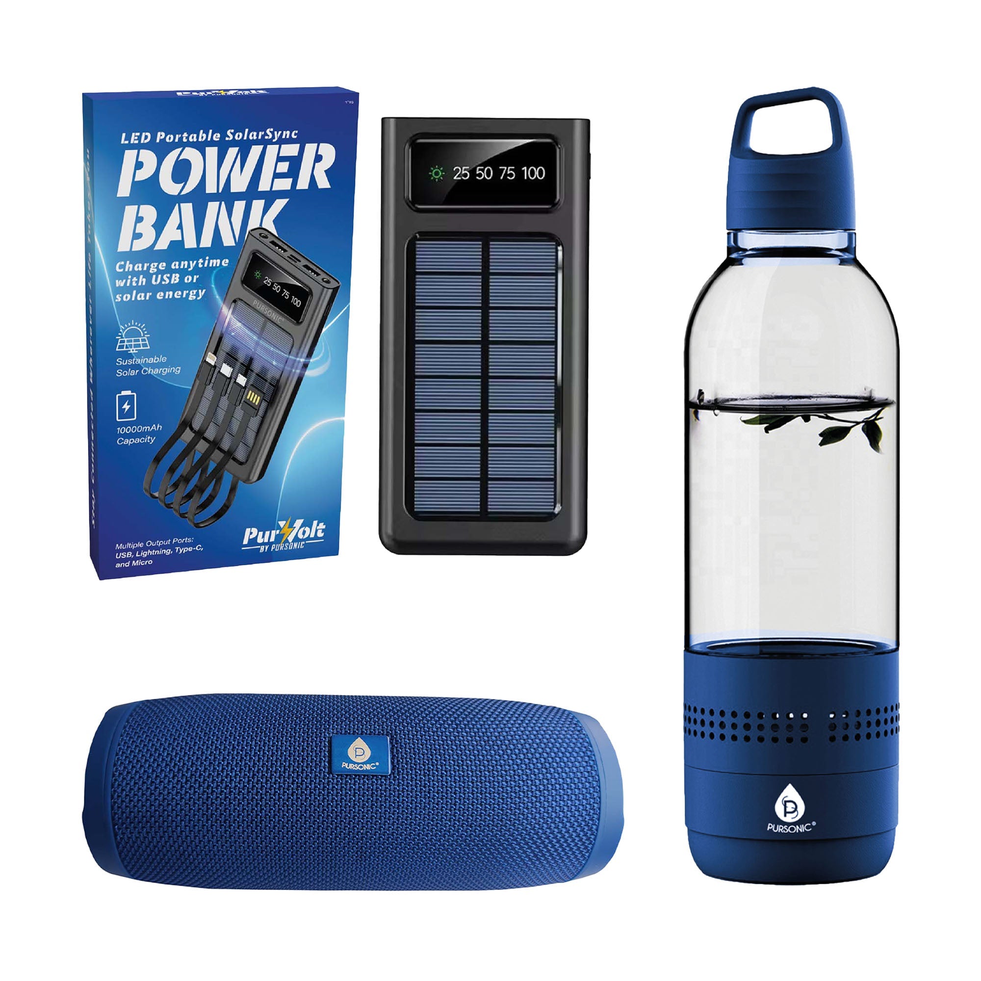 Pursonic Outdoor Essentials Bundle – 2-in-1 Bluetooth Water Bottle, Peak Wireless Speaker, and LED Portable Solarsync Power Bank