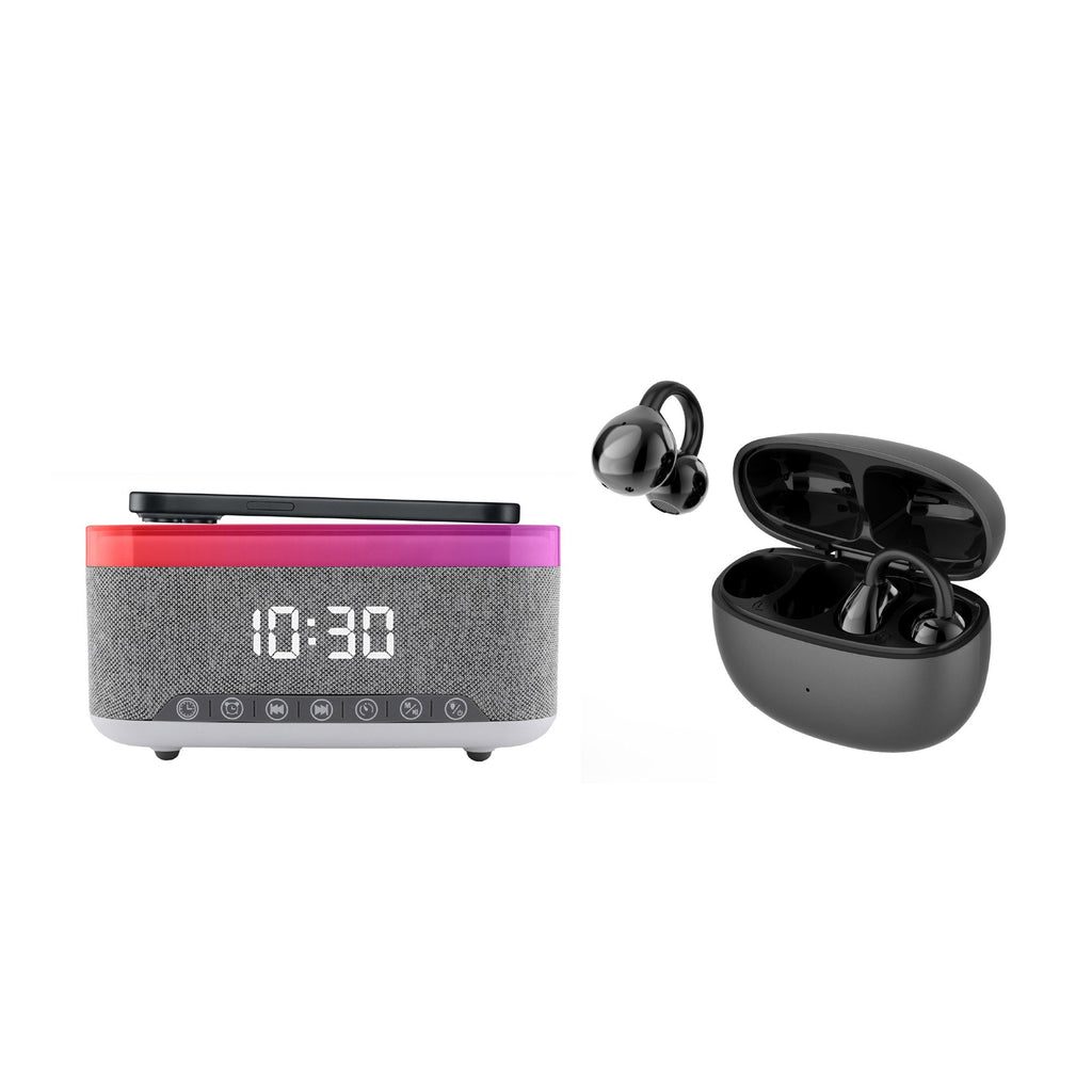Pursonic wireless alarm clock speaker with phone charging pad and matching black wireless earbuds