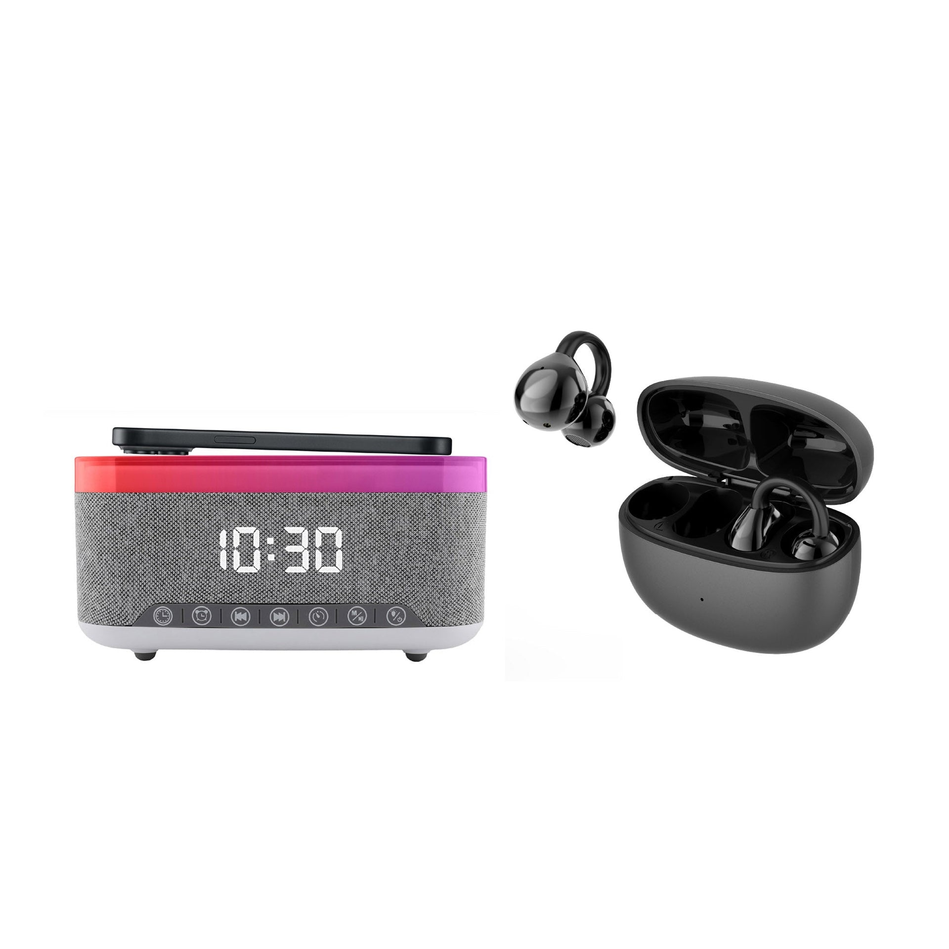 Pursonic wireless alarm clock speaker with phone charging pad and matching black wireless earbuds
