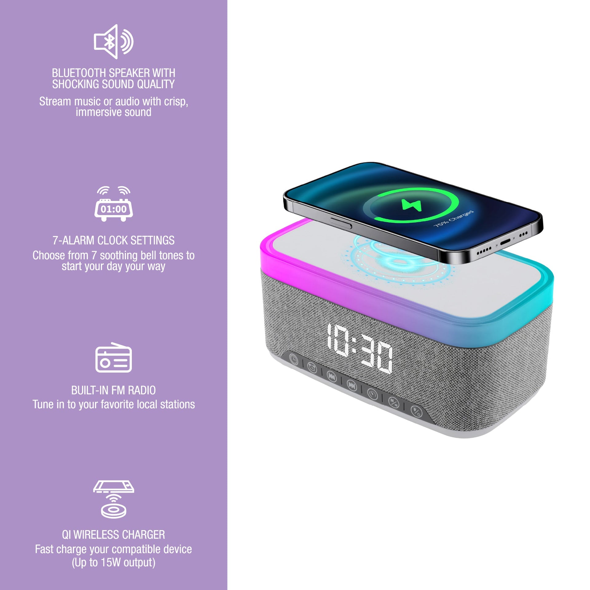 Wireless Alarm Clock Speaker with Built-in Charger and Earbuds - Image 7