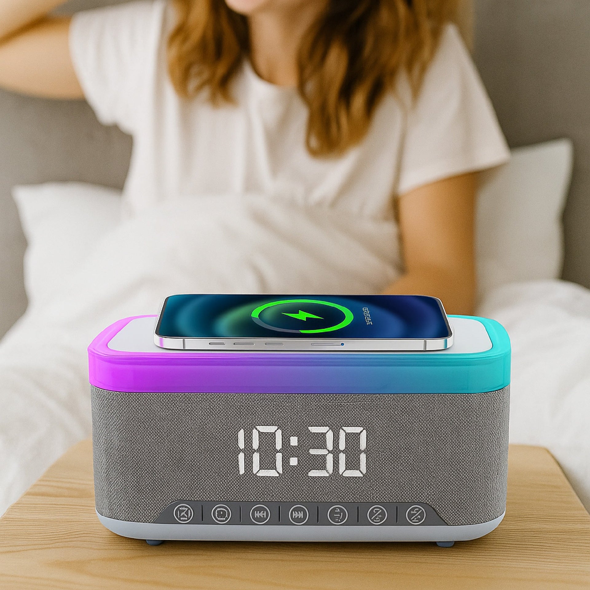 Wireless Alarm Clock Speaker with Built-in Charger and Earbuds - Image 5