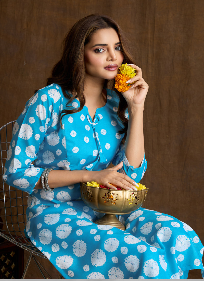 Sky Blue Printed Cotton Blend Kurta and Matching Pant Set