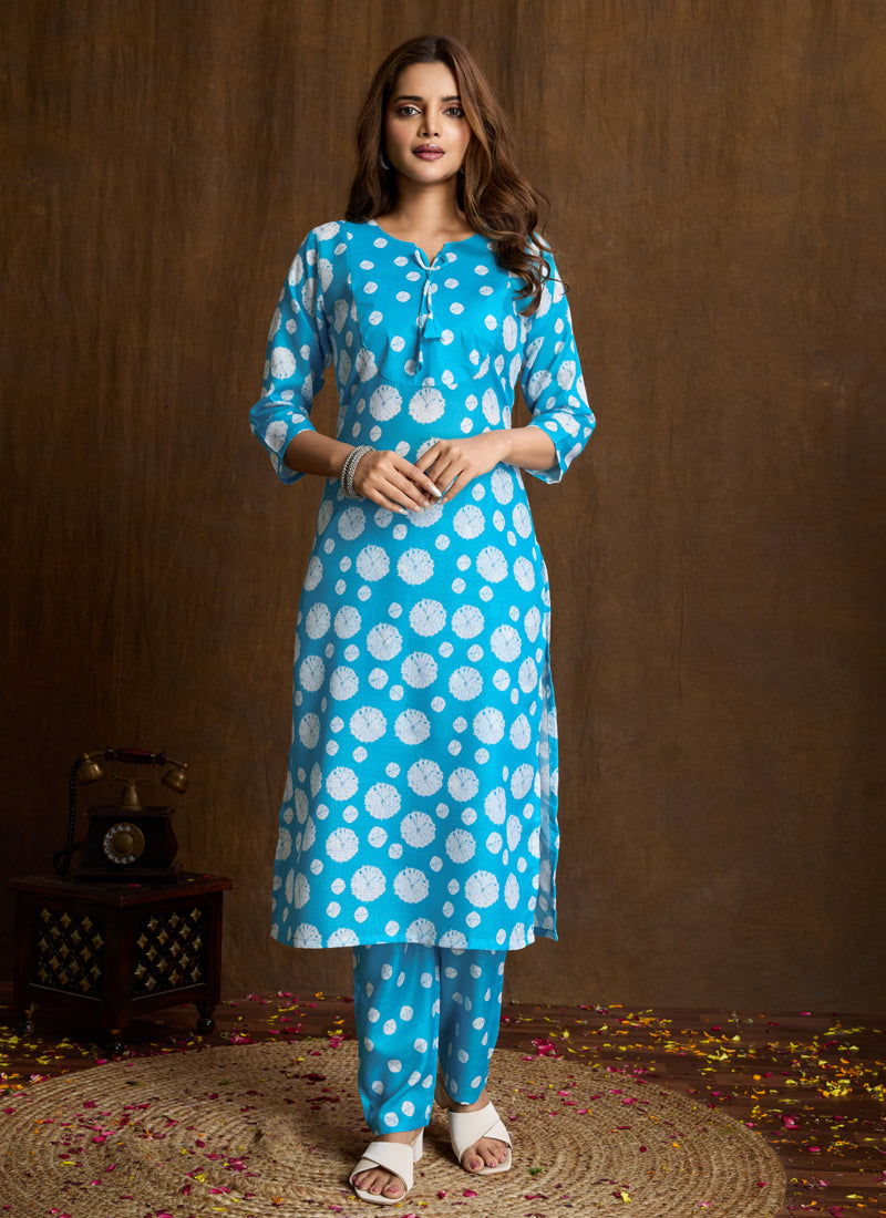 Sky blue printed cotton blend kurta set featuring a matching pant