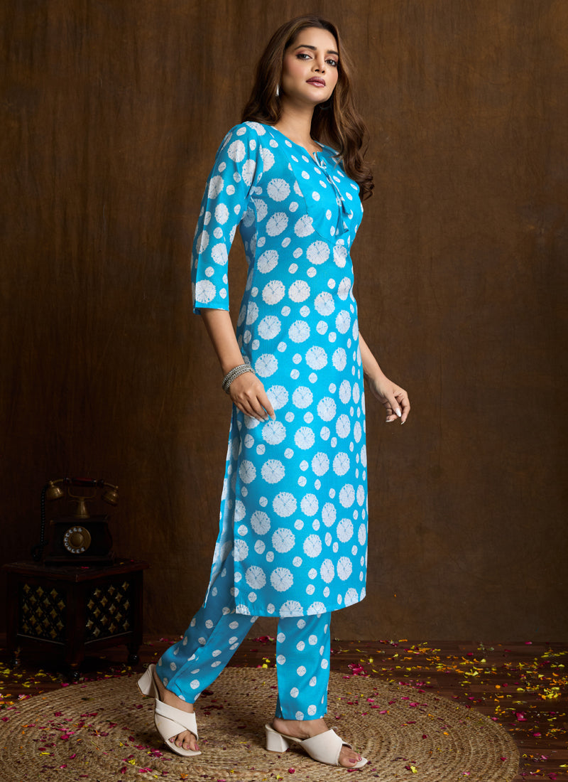 Sky Blue Printed Cotton Blend Kurta and Matching Pant Set