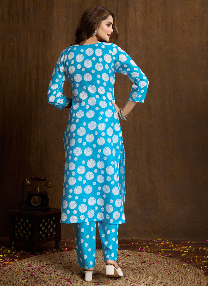 Sky Blue Printed Cotton Blend Kurta and Matching Pant Set