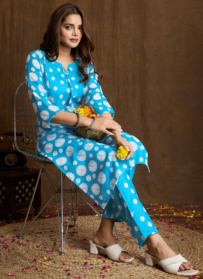 Sky Blue Printed Cotton Blend Kurta and Matching Pant Set