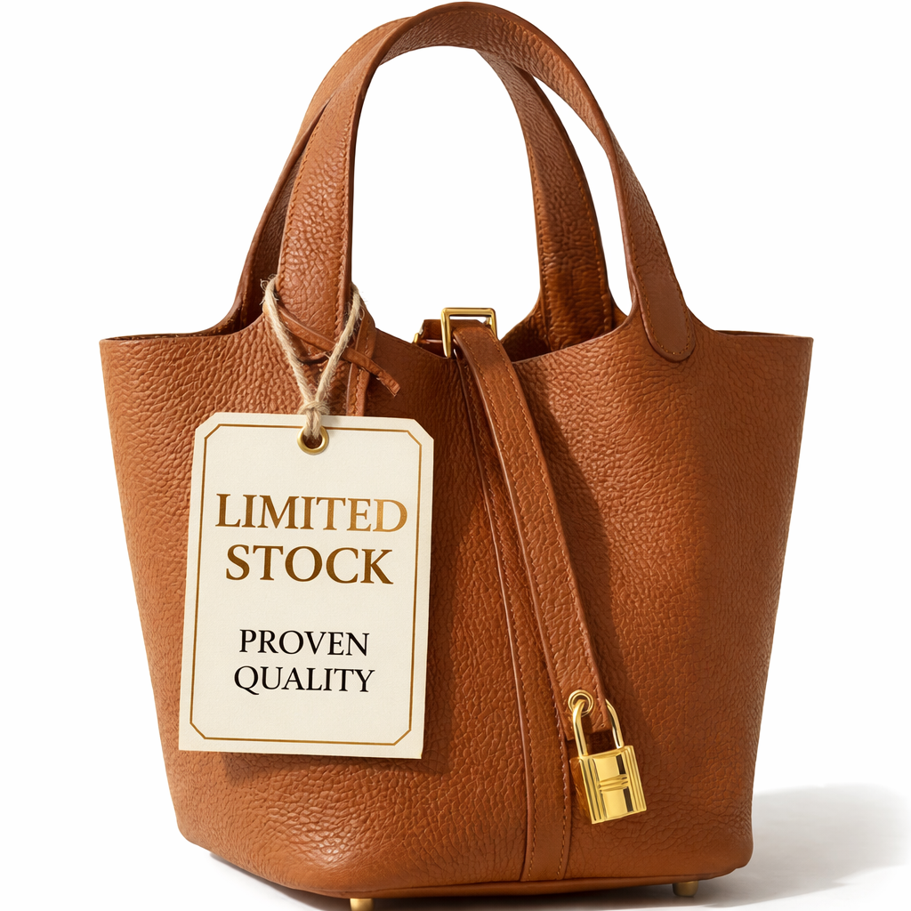 Classic leather bucket bag in brown with drawstring closure and metal lock hardware detail.