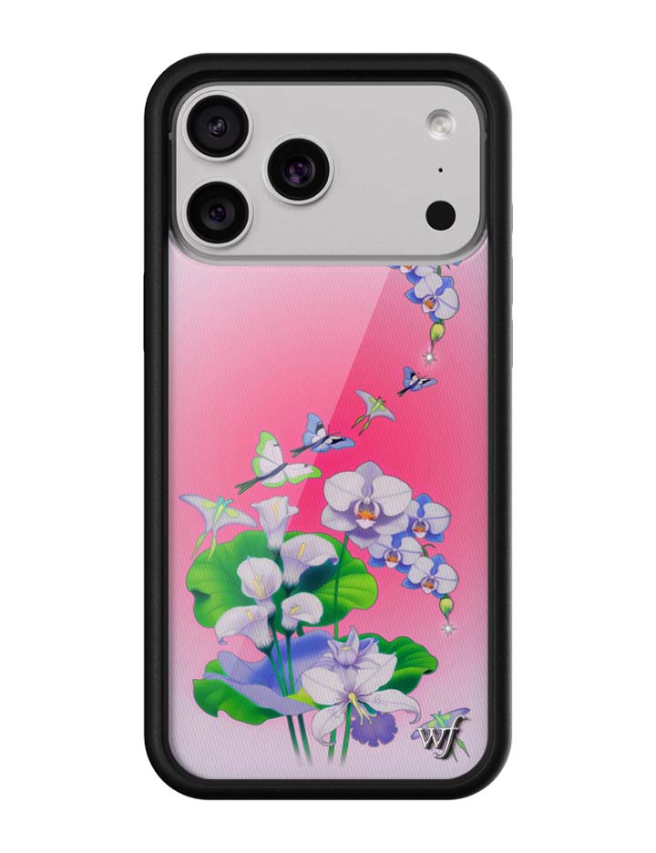 Butterfly Dreams iPhone case with pink sky, floral accents, and butterfly motifs.