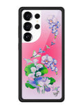 Pastel pink Samsung Galaxy phone case featuring a floral and butterfly design with a sandblasted finish.