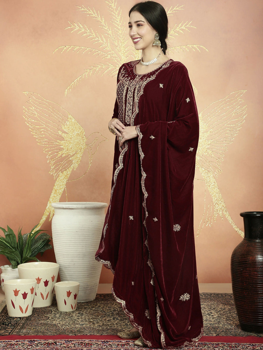 Maroon Velvet Straight Kurta Set with Resham Thread and Sequins