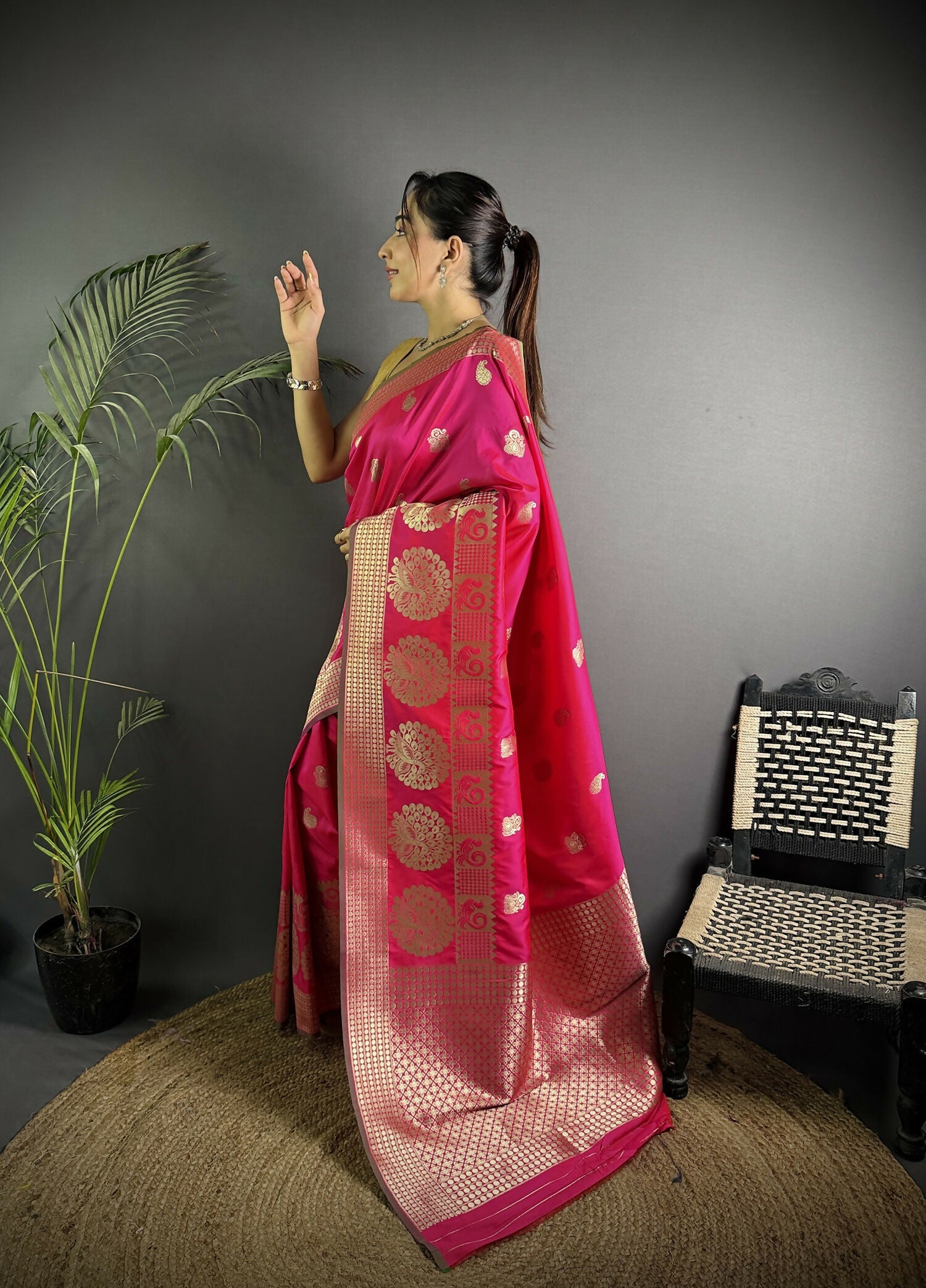 Joban Fashion Hot Pink Banarasi Soft Lichi Silk Paisley Saree
