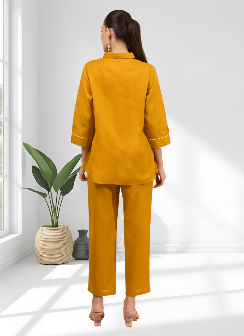 Mustard Cotton Linen Embroidered Cord Set - Festive Readymade Outfit
